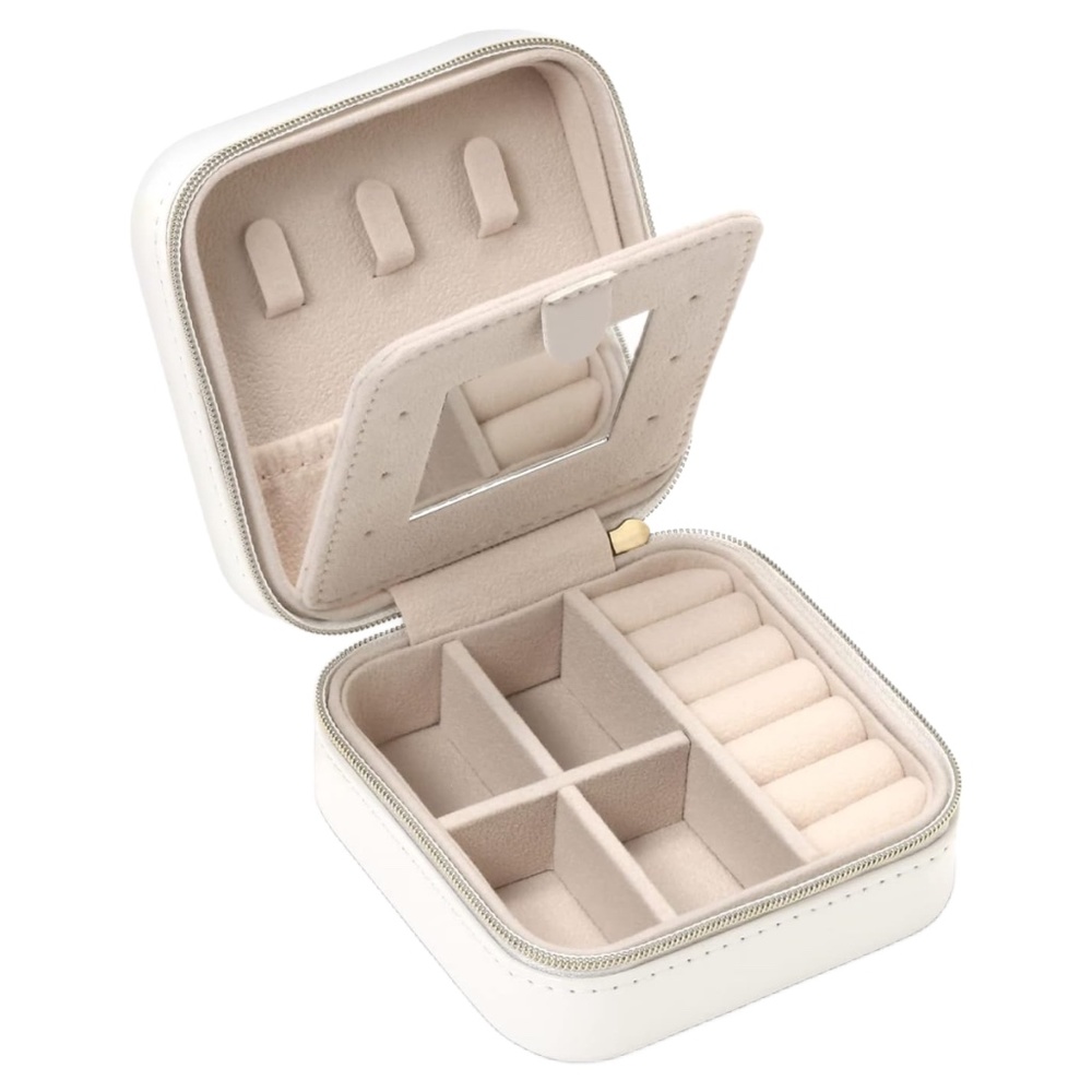 White Faux Leather Jewelry Box w/ Mirror Travel Case Earrings, Rings, Necklaces